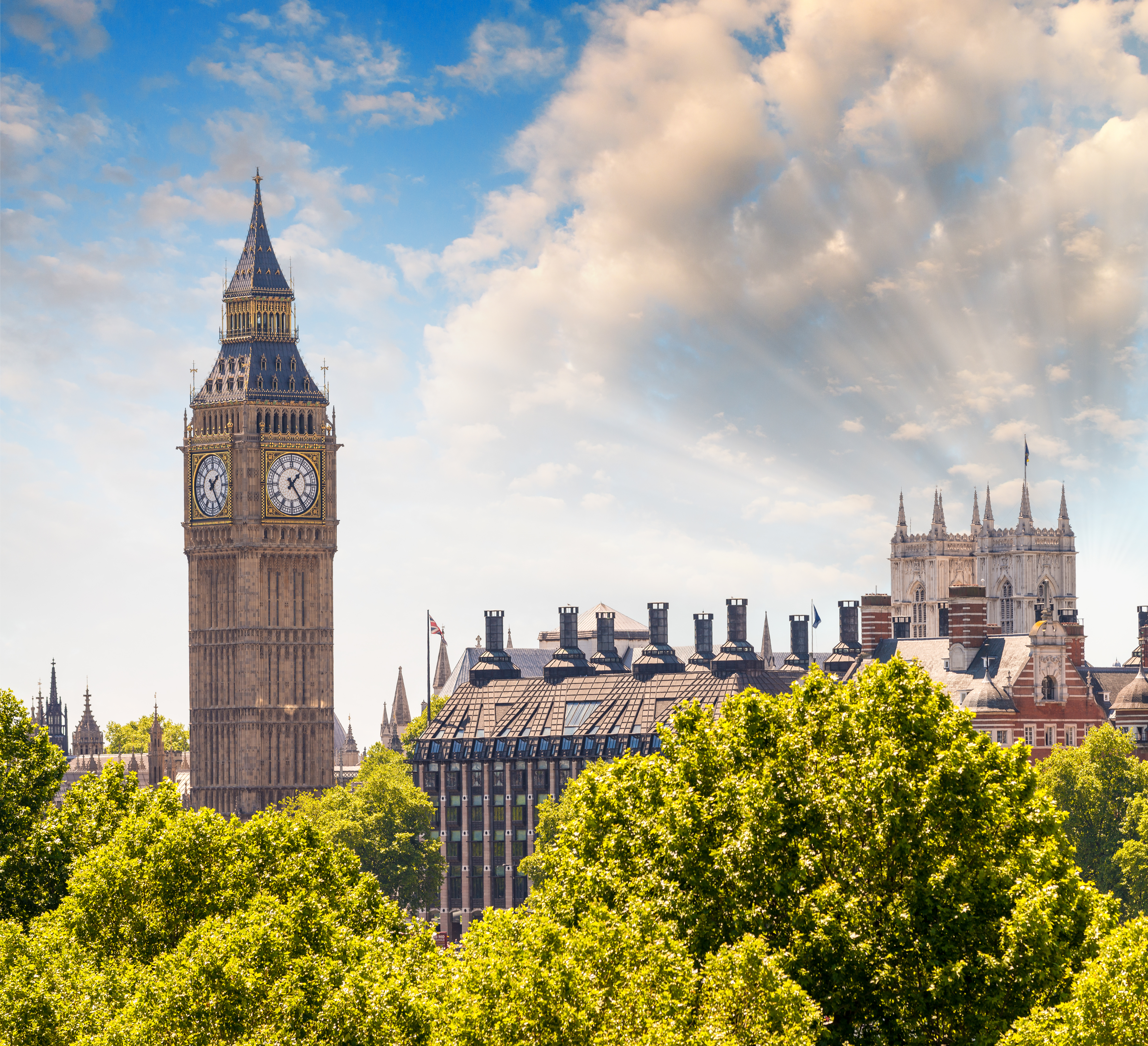 Trafalgar Square and Big Ben on a bright London morning